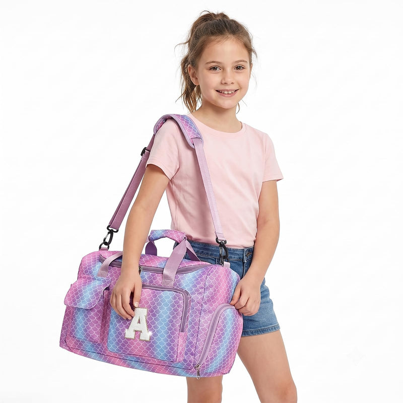Birthday Gift for Teen Girl Gifts Trendy Stuff, Kids Duffle Bag | Girls Initial Travel Gym Bag with Shoes Compartment | Personalized Weekender Bags, Mermaid Purple E
