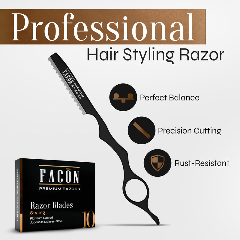[Australia] - Facón Hair Razors for Cutting Hair - Professional Hair Styling Razor Kit with 11 Replacement Blades, Stainless Steel Hair Cutting Tool for Salon & Home, Premium Hair Thinning Texturizing Faether Razor 