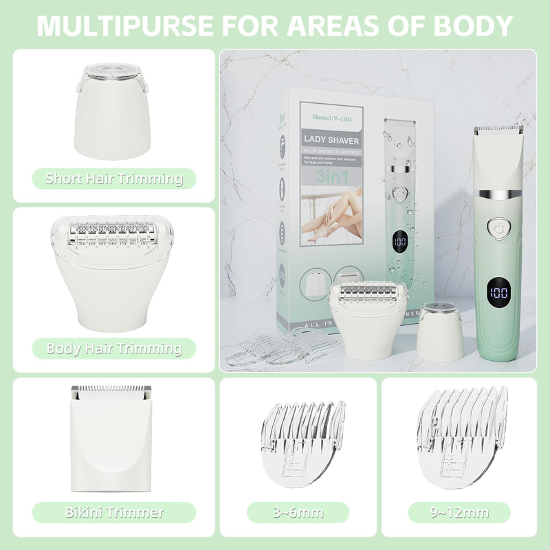 [Australia] - 3-in-1 Painless Bikini Trimmer for Women - Electric Pubic Hair Shaver with Ceramic Blade, Wet/Dry USB Razor for Underarm/Leg/Body, Rechargeable Ladies Grooming Kit 