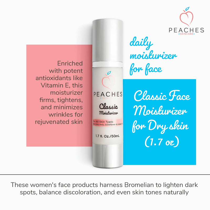 Peaches Skin Care Vegan Classic Moisturizer with Gotu Kola Cream, 1.7 oz | Age-defying daily face cream with vitamin E, gotu kola and pineapple, hydrating moisturizer for dry skin and all skin types. 1.7 Fl Oz (Pack of 1)