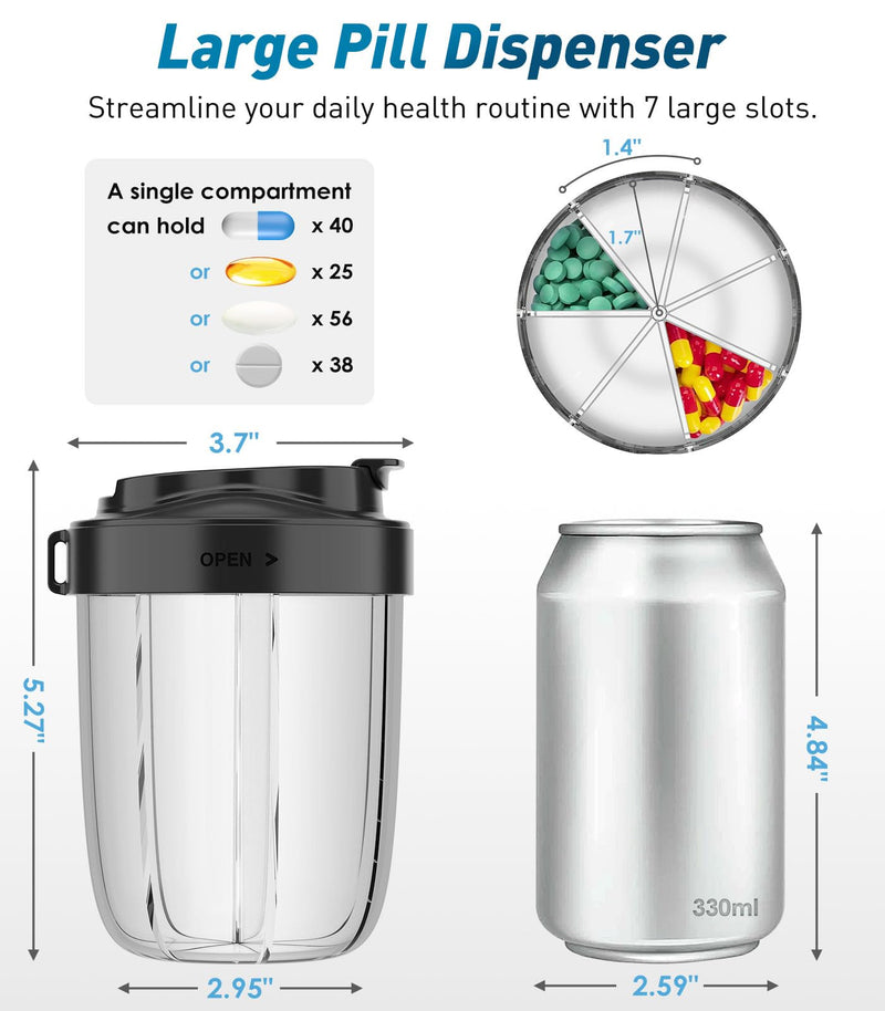 [Australia] - Large Pill Organizer with 7 Large Compartments - Portable Pill Dispenser for Travel, Anti-Mix Design & Wide Opening Design, Easy Access to Vitamin Dispenser, Includes 20 Blank Stickers (Black) Black 