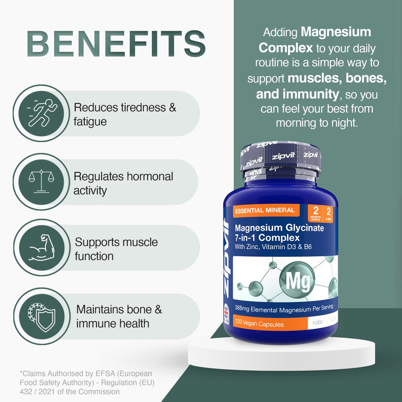 Zipvit Magnesium Glycinate 7-in-1 Complex, 1800mg with 388mg Elemental, High Absorption with Bisglycinate, Malate, Citrate, Oxide, Plus Vitamin D3, B6 & Zinc, 120 Capsules, Vegan Magnesium Supplements 7 in 1 Glycinate Complex - 120 Capsules - Jar