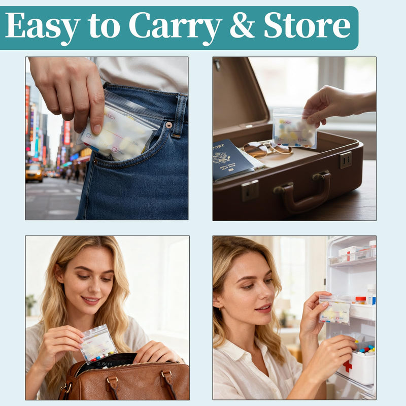 Reusable Pill Bags and Pill Pouches Medicine Bag with Secure Zipper Seal, Clear Label Space, Moisture Resistant Pill Packets for Travel, Portable Storage for Vitamins, Supplements, and Daily Doses