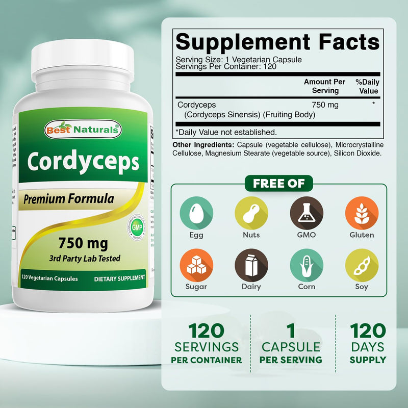 Best Naturals Cordyceps Sinensis Mycelium Mushroom Powder 750 mg 120 Veggie Capsules