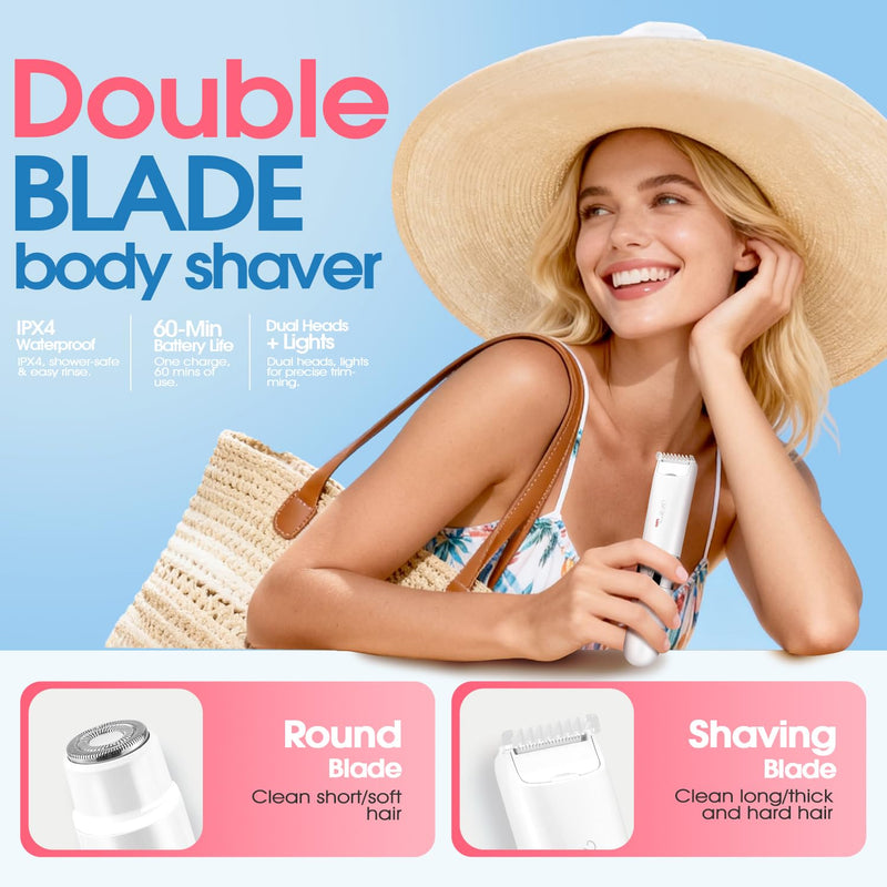 DSP 2 in 1 Bikini Hair Trimmer, Dual Head Bikini Trimmer for Women, Female Shavers for Pubic Hair, Ladies Shavers for All Body, Waterproof, Smart Light, Applicable to Underarm Leg Arm Body Face