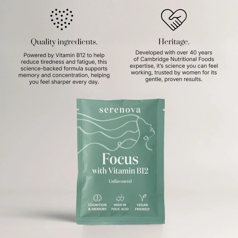 Serenova Vitamin B12 Focus Sachets 30 x 10g | with L-Theanine, Rhodiola Rosea & Korean Ginseng | Folic Acid & Creatine for Mental Clarity | Cognitive Support Supplement for Women | Vegan Friendly
