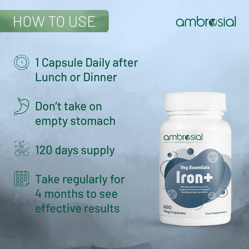 Ambrosial Iron Capsules 25mg - High Strength Supplements for Women & Men - Blood Support for Tiredness & Fatigue - Non-Constipating, Enhanced Absorption - Vegan, Gluten Free - 120 Iron Capsules 120 count (Pack of 1)