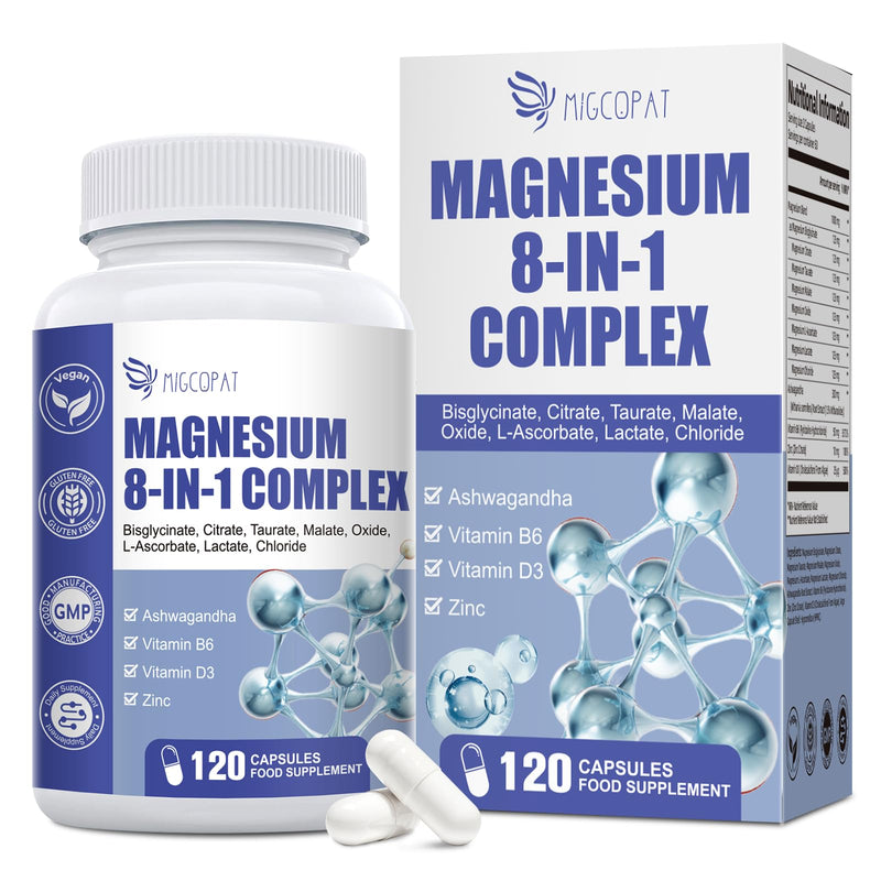 Magnesium Complex 8-in-1, Magnesium Glycinate Supplements with Bisglycinate, Citrate, Taurate 1000mg, Added Zinc B6 D3 for Energy, Muscle, Sleep & Nerve Function - High Absorption 120 Vegan Capsules