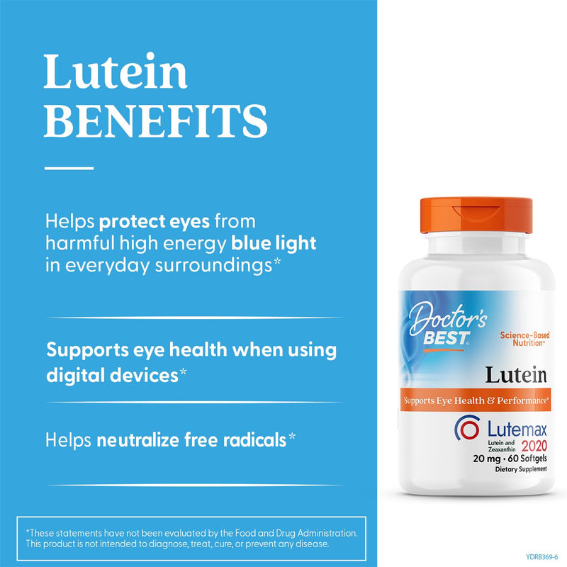 Doctor's Best Lutein Supplement 20mg with Zeaxanthin - Lutein for Eyes, Eye Health Vitamins for Men & Women, Vision and Macular Health Support, Lutemax 2020 Marigold Flower Extract - 60 Softgels Unflavored 60 Count (Pack of 1)
