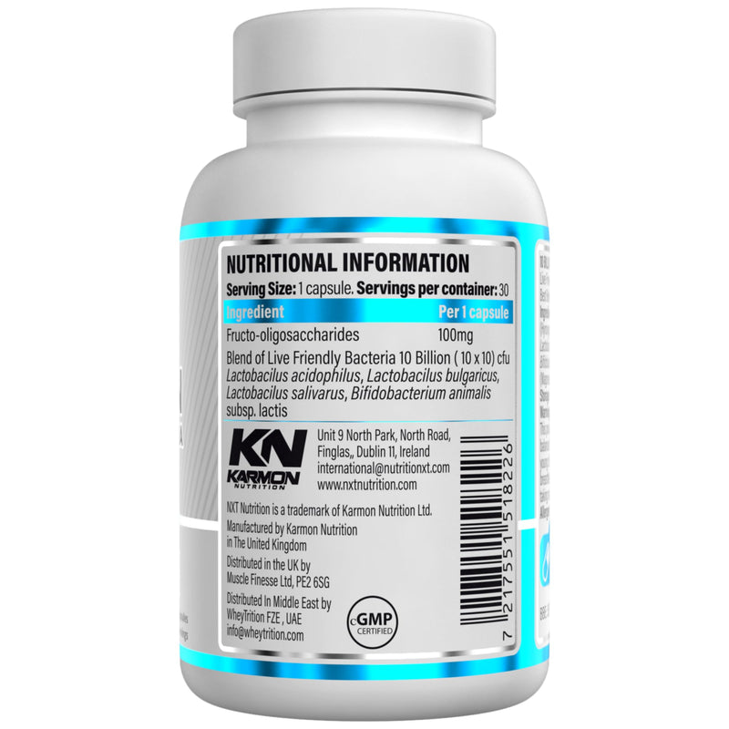 NXT Nutrition Live Friendly Bacteria - 10 Billion CFU Probiotic | 4 Strain Blend with FOS Prebiotic | Gut, Digestion & Immunity Support | Vegan Probiotic Supplement | 30 Capsules (30 Servings)