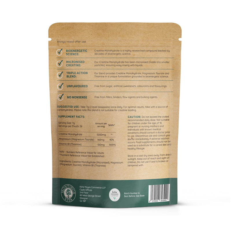 Creatine Monohydrate with Magnesium Taurate & Vitamin B1 | 5g Micronised Creatine | ~56 Servings | Strength, Recovery & Focus | Unflavoured | Vegan | UK Made | Montibus Vita