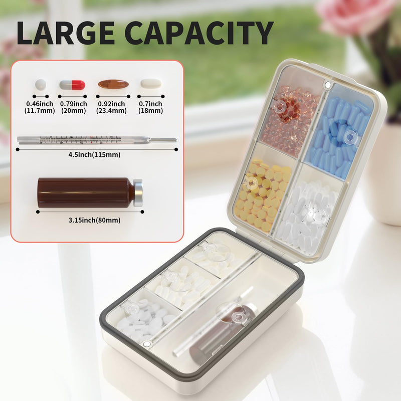 Restree Weekly Pill Organizer 8 Compartment, [Triple Seal Magnetic Lock] Travel Pill Case with Labels & Inner Lid, Moisture Proof for Vitamins, Fish Oil, Supplements, Daily Meds – 7+1 Large (White) White