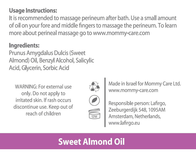[Australia] - Mommy Care Perineal Massage Oil Labor Preparation, Flexible Perineal Massage Oil, Sweet Almond Oil For Pregnancy and Postpartum Recovery 100ml/3.38 fl.oz Certified Organic All Natural 