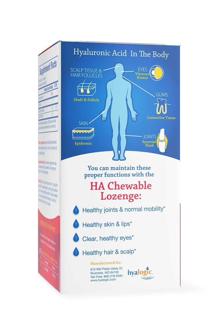 Hyalogic Hyaluronic Acid Chewables 60 Count- Great Tasting Berry Flavored (120 mg per 2 tabs) - Defy Aging Naturally - Sugar Free HA Supplement for Joint Support, Skincare & Eye Health Standard Packaging