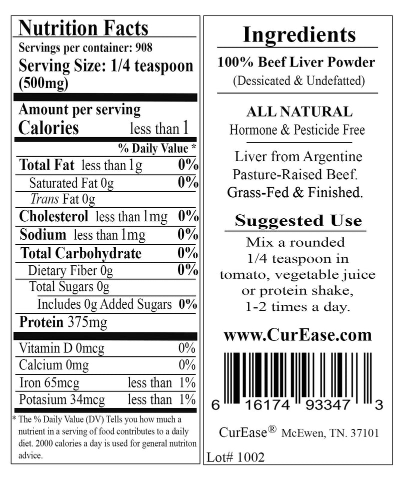 [Australia] - CurEase Argentine Grass Feed Beef Liver Powder Undefatted Desiccated (dried) Pesticide and Hormone Free 1lb One Pound (453grams) 908 Servings 