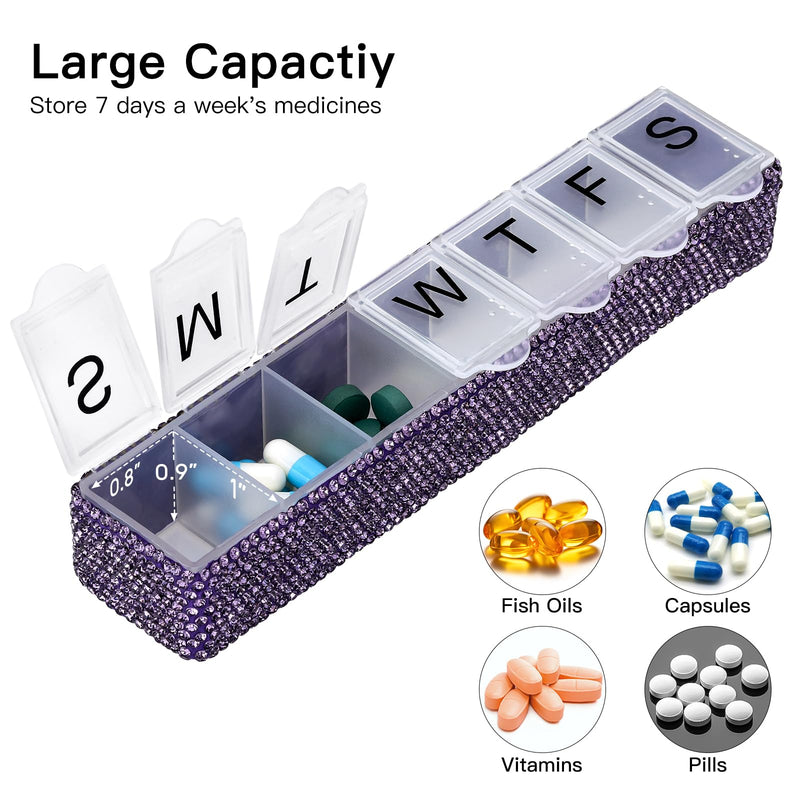 Soleebee Portable Weekly 7 Day Pill Organizer, Bling Crystal Pill Box Case, Travel Pill Planner, Pill Dispenser, Medicine Vitamin Container Organizer (Purple) Purple