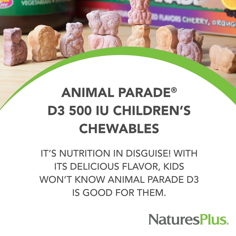 NaturesPlus Animal Parade Vitamin D3 Children’s Chewables - Black Cherry Flavor - 90 Animal-Shaped Tablets - Gluten Free, Vegetarian, Hypoallergenic - 90 Servings 90 Count (Pack of 1)