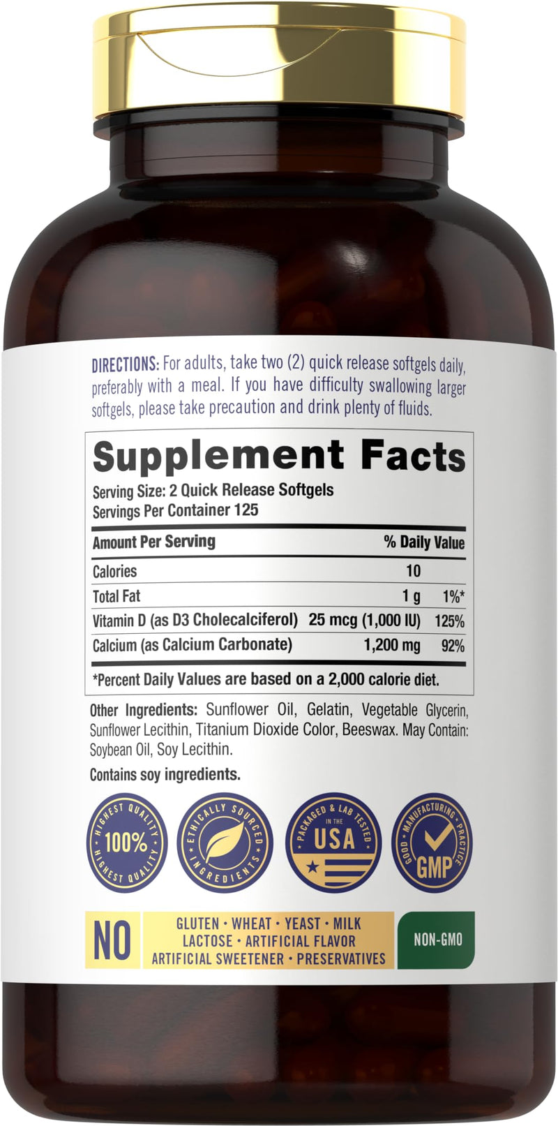 Carlyle Calcium 1200 mg with Vitamin D3 | 250 Softgels | Vitamin D3 1000 IU | Supplement for Women and Men | Non-GMO, Gluten Free