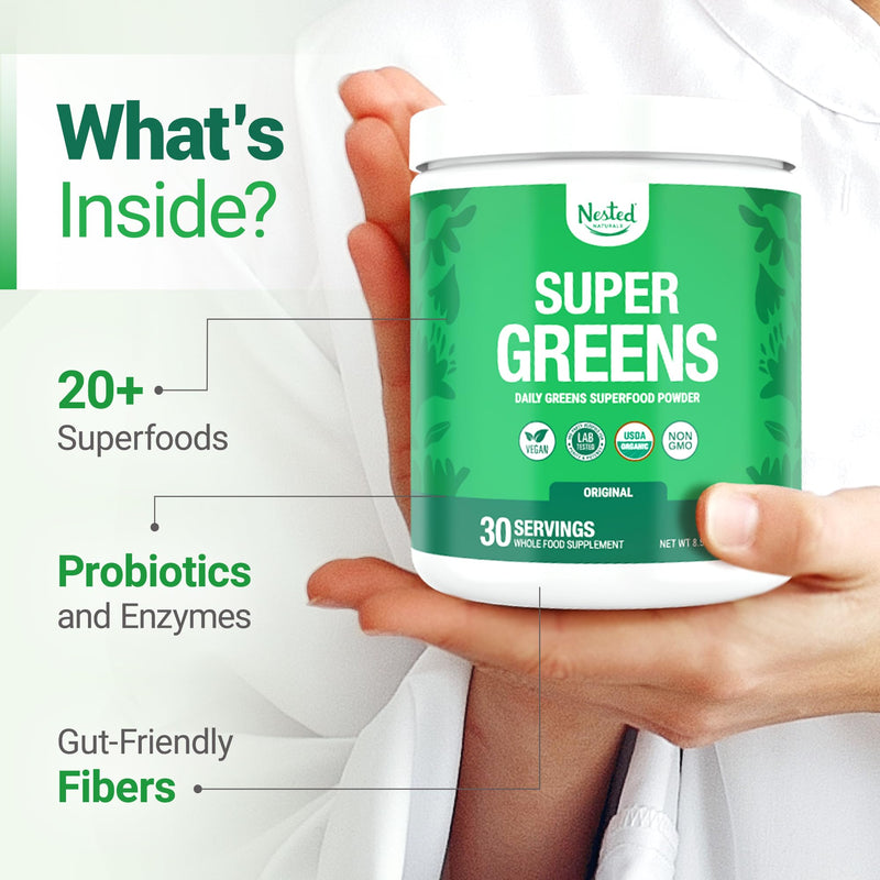 [Australia] - Nested Naturals Super Greens Daily Superfood Powder - Certified USDA Organic Green Powder w/20+ Whole Foods, Spirulina Powder,Wheat & Barley Grass - Probiotics, Fiber & Enzymes - Original Flavour, 30 Original (30 Servings) 
