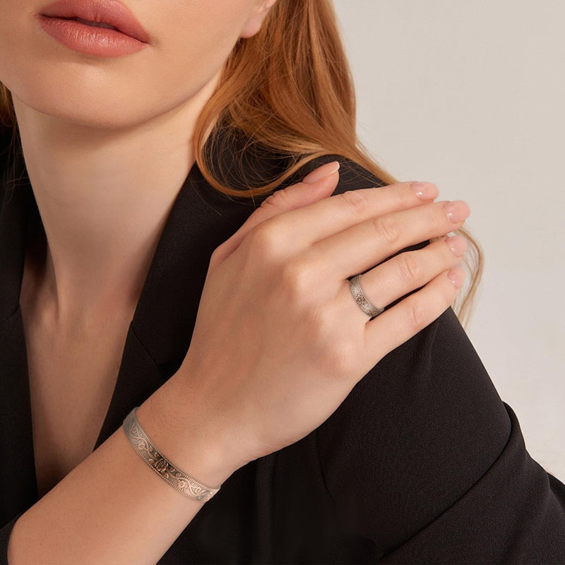 [Australia] - BioMag Copper Bracelet & Ring for Women, 99.99% Pure Copper Magnetic Bracelet Lymphatic Drainage Rings with 3500 Gauss Magnets, Adjustable & Flower Pattern 