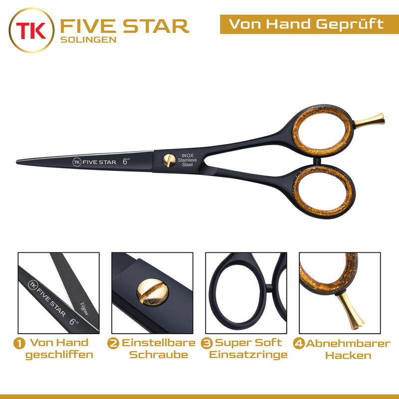 [Australia] - TK FIVE STAR SOLINGEN® Vegas Premium 6 inch extra sharp hairdressing scissors, hair scissors, beard scissors, hair cutting scissors for women, men, hairdressers and children for strong, fine hair, rustproof, micro-serrated 