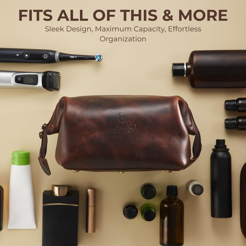 NomadCraftsCo. Premium Leather Travel Toiletry Bag for Men and Women, King-Size Dopp Kit with Waterproof Lining, Mens Toiletry Travel Bag Brown