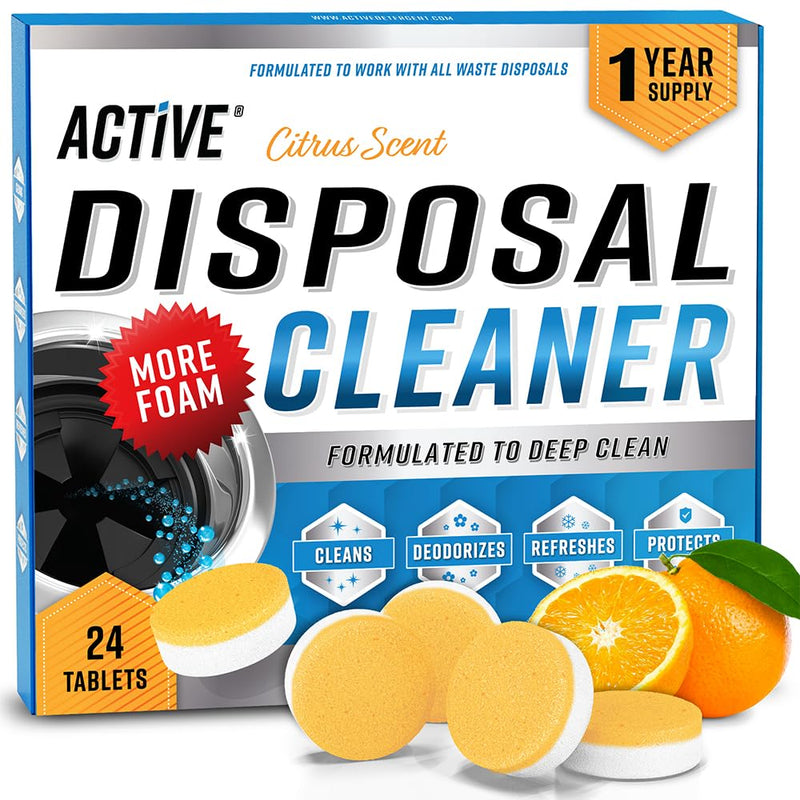 Garbage Disposal Cleaner Deodorizer Tablets - 24 Pack, New Powerful XL Foaming Tablet - Fresh Citrus Foam Sink Garburator Disposer Freshener, Natural Kitchen Drain Cleaning Care - 1 Year Supply