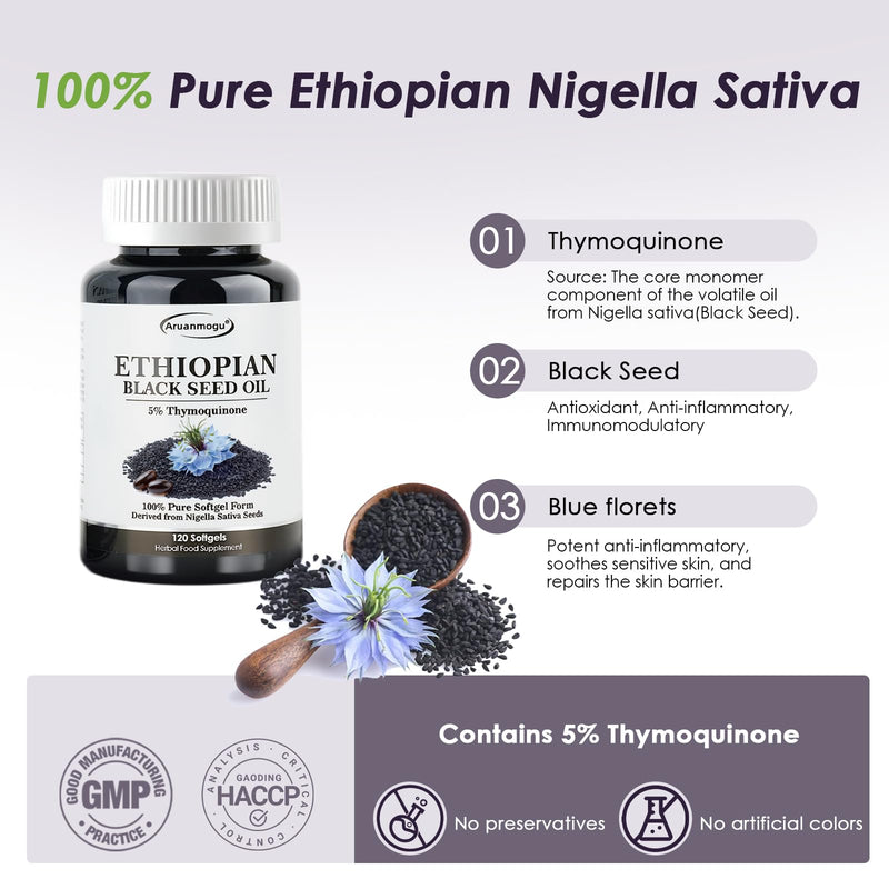 120 Softgels Ethiopian Black Seed Oil Capsules 5% Thymoquinone – Purely Nutrient Cold Pressed Black Cumin Seed Oil Softgels