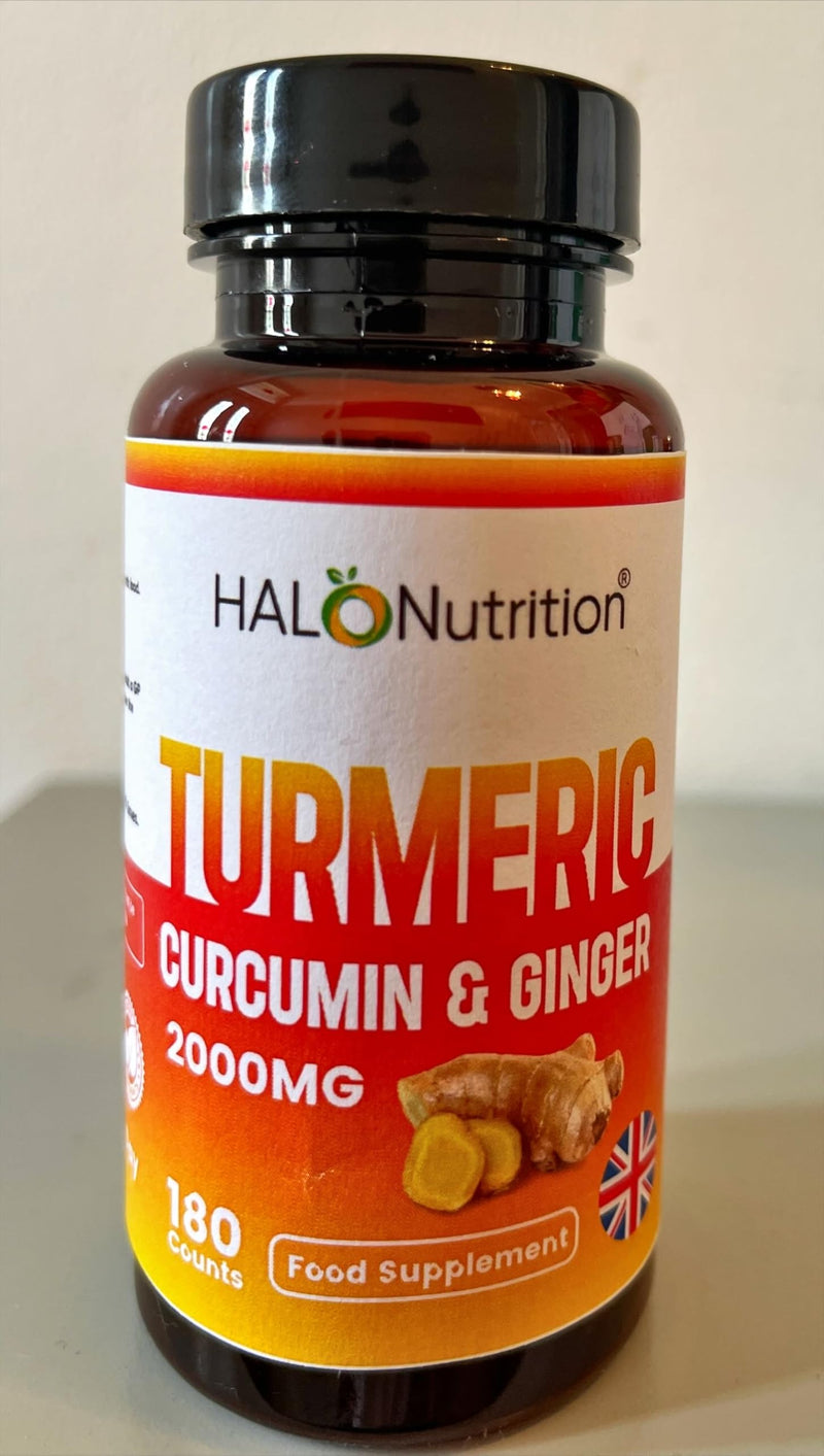 Turmeric Tablets High Strength 2000 mg with Curcumin & Ginger,Black Pepper Supplements, 180 Tablets (3 Months) High Strength Active Turmeric Supplements tablet Not Turmeric Capsules- by Halo Nutrition