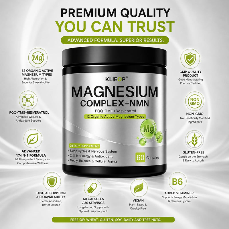 Magnesium Complex Supplement for Women and Men with NMN Supplement 2-Pack | 17-in-1 TMG, Resveratrol, PQQ & Vitamin B6,Sleep & Relaxation, Nervous System, NAD+ Level & Cellular Energy Support 60 Count (Pack of 2)