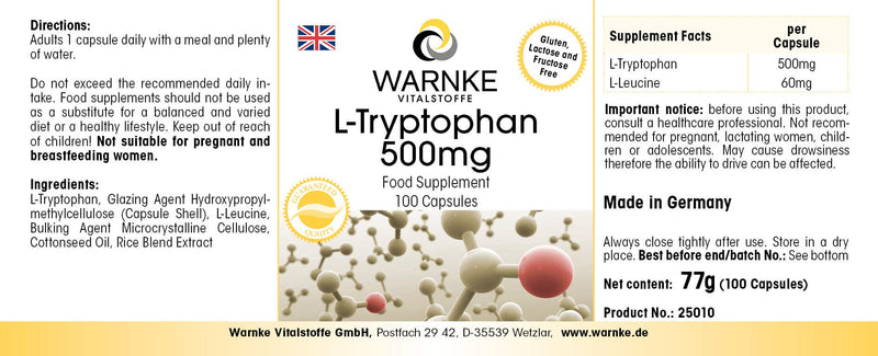 [Australia] - L-Tryptophan 500mg capsules - 100 capsules - high dosage & vegan - amino acid | Warnke vital substances - German pharmacy quality 