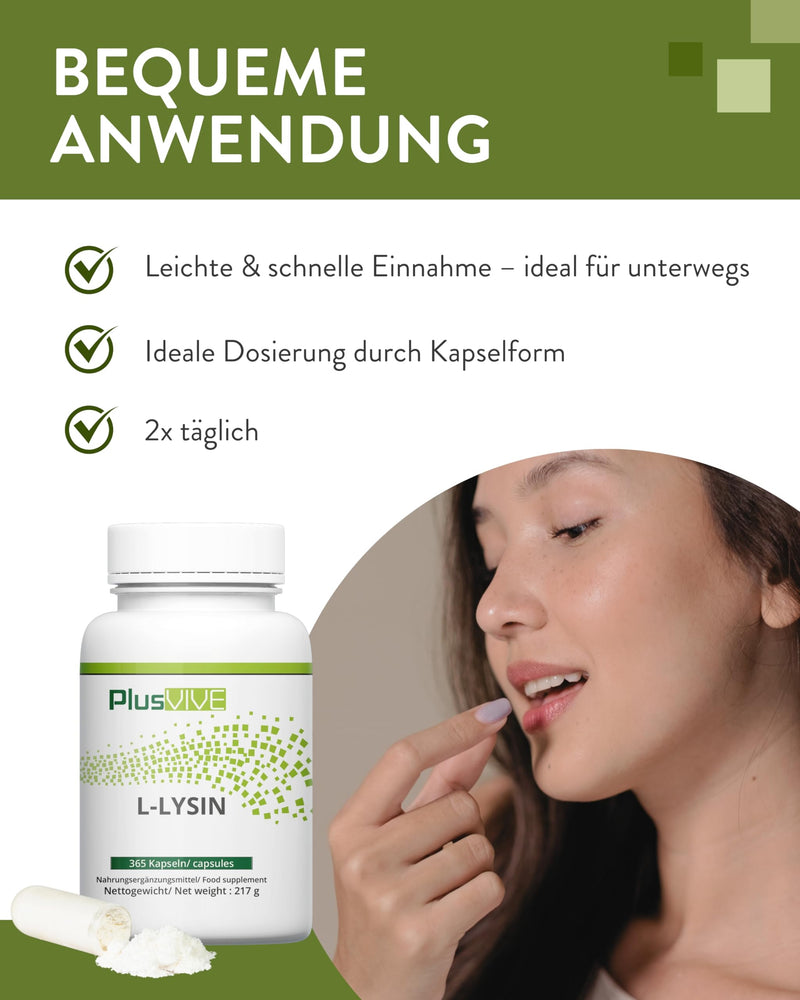 [Australia] - PlusVive L-Lysine capsules high dosage I 1x 365 capsules I 500mg L-Lysine Hcl per capsule I Essential amino acid I From plant-based fermentation I Vegan & laboratory-tested dietary supplement 