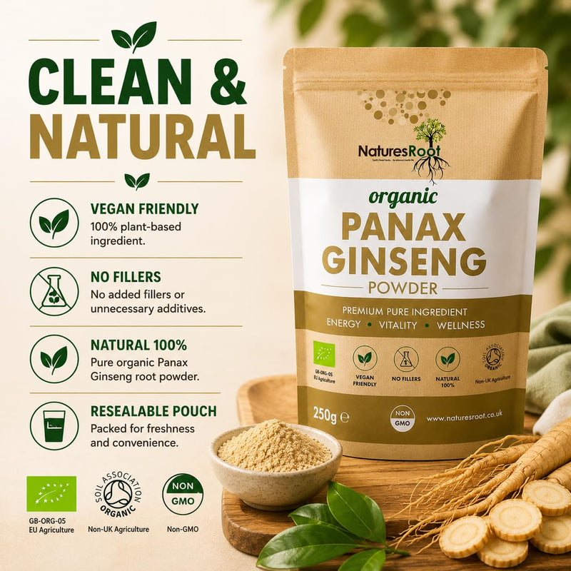 Nature’s Root Organic Panax Ginseng Powder 125g – Premium Botanical Root Powder for Smoothies, Tea & Wellness Drinks – Vegan Friendly Herbal Ingredient – Resealable Pouch
