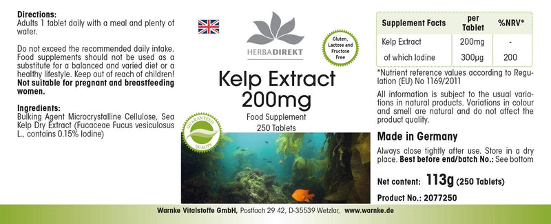 [Australia] - Kelp extract 200mg - 250 tablets - high dosage - vegan - natural iodine | HERBADIREKT by Warnke vital substances - German pharmacy quality 