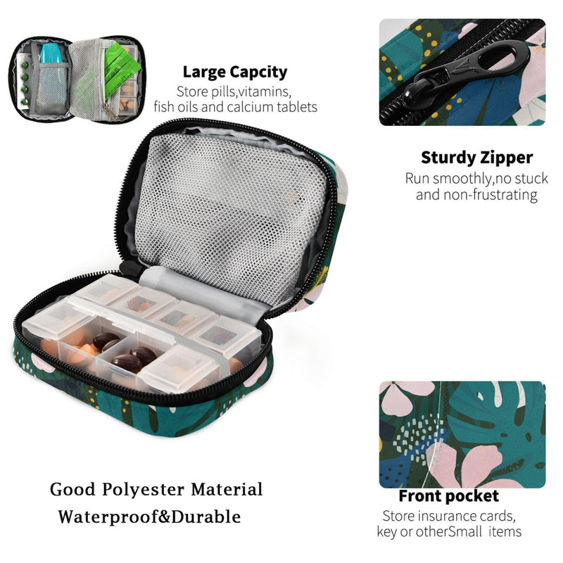 Fustylead Collage Contemporary Hawaiian Hibiscus Floral Pill Organizer and Storage Weekly with Zipper, Removable Pill Box Portable Medicine Organizer for Vitamin Fish Oil Supplement
