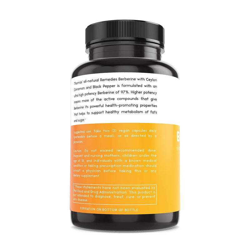[Australia] - Thomas' all-natural Remedies Berberine 500mg (1000mg Per Serving)- 120 Vegan Capsules- with Ceylon Cinnamon & Black Pepper- Supports Healthy Immune Function & Overall Wellness 