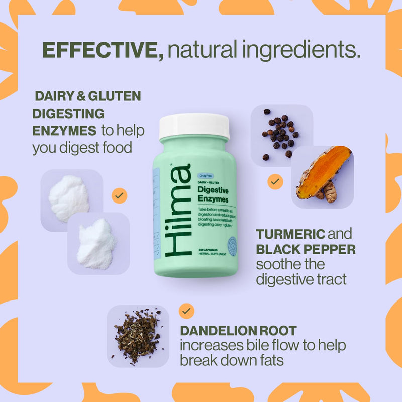 [Australia] - Hilma Digestive Enzymes for Women, Bloating Relief with Turmeric, Dandelion Root and Gluten Digestive Enzymes, Natural Gluten and Dairy Relief Pills, 60 Vegan Capsules Digestive Enzymes - 60 Count 