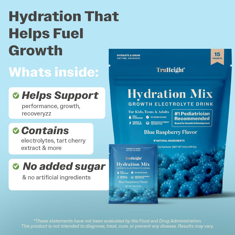 TruHeight Hydration Packets (Blue Raspberry) Kids, Teens & Adults Fast Hydration, Energy & Recovery - Dehydration Relief Electrolytes Powder Packets for Athletes - Sugar Free, Zero Calorie, Non-GMO