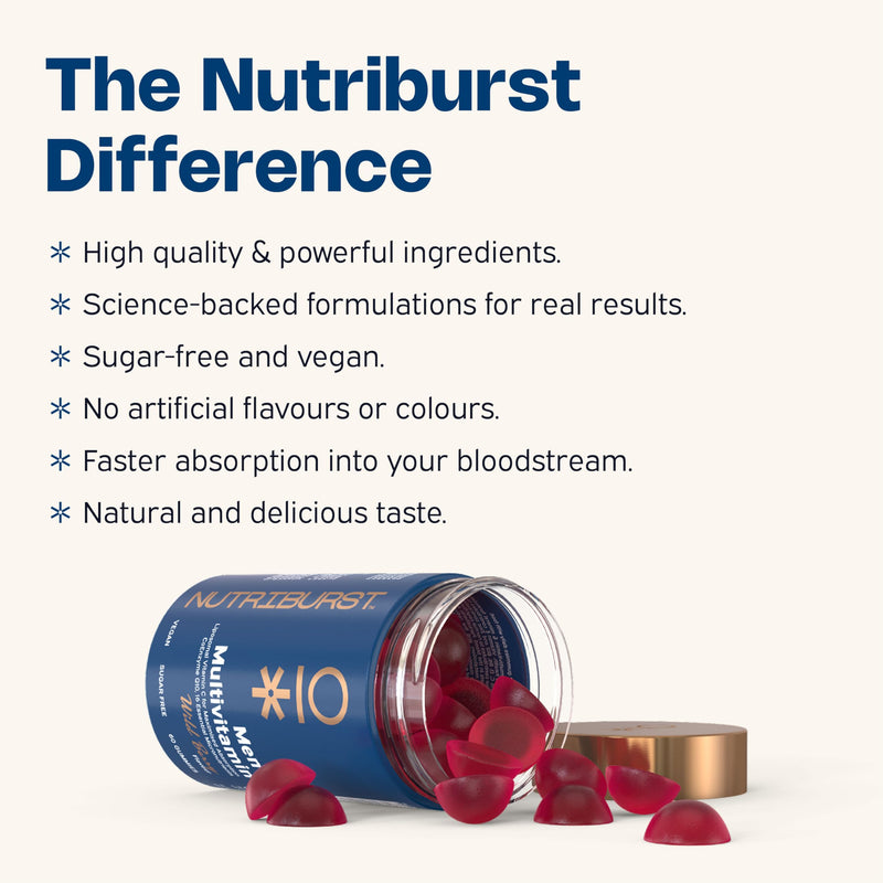 Nutriburst Men’s Multivitamin - Immune System & Mental Performance - Contains 16 Micronutrients; B2, B3, B5, B6, B12, A, C, D - Vegan Sugar Free Supplement - 60 Berry Gummies - 1 Month Supply Men's Multivitamin 60 count (Pack of 1)