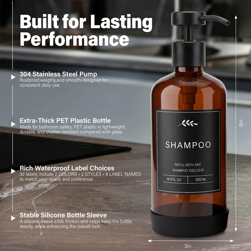 Prus Waso Shampoo and Conditioner Dispenser Set, Amber & Black | Soap Dispenser Shower, Empty Shampoo and Conditioner Bottles with Black Stainless Pumps and 32 Labels