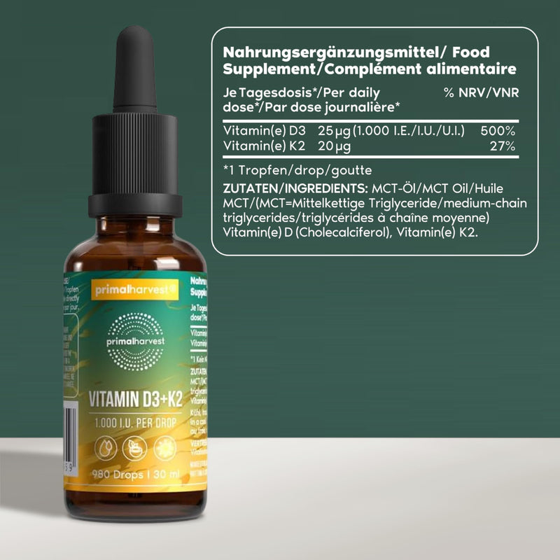 Primal Vitamin D3 & K2 Drops by Primal Harvest - Nutritional multivitamin with MCT Oil, Liquid Vitamin with Dropper Bottle, for Men and Women, 980 Drops (1 Pack) 30 ml (Pack of 1)