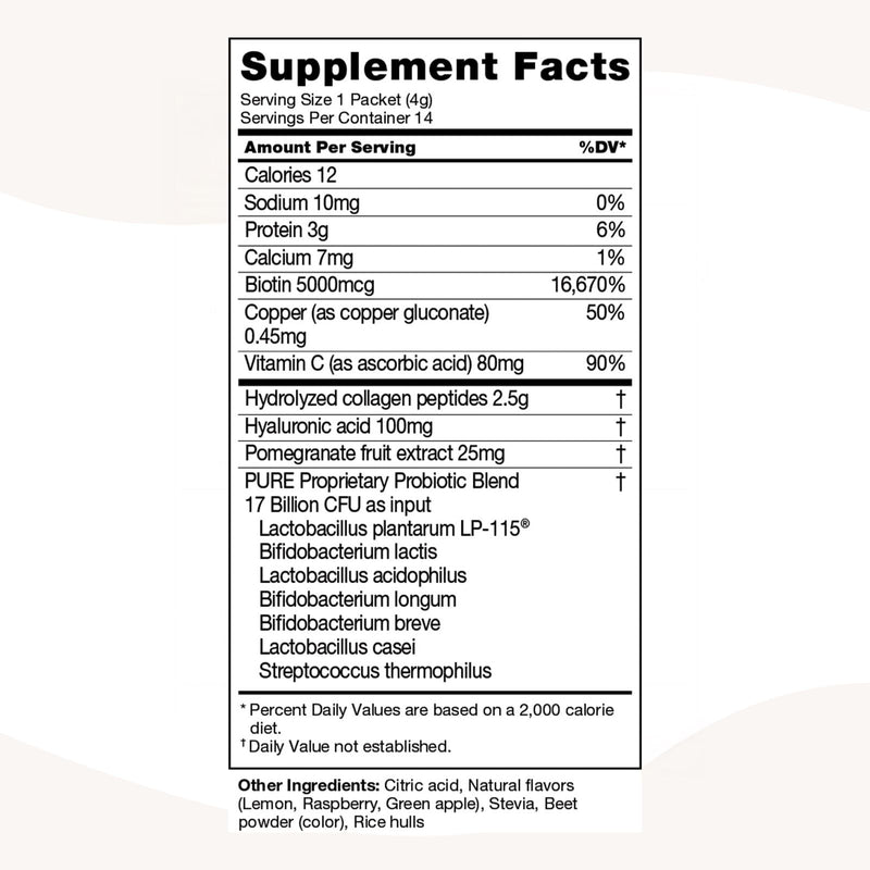 PURE | Mie Collagen + Probiotics | Pomegranate | Supplement for Beauty | 14 Packets | Biotin & Collagen Infused | Hair Skin & Nail Strengthener | Gut Health Support with Probiotics & Vitamin C