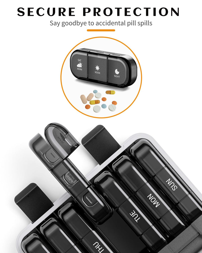 ONTERATE Weekly Pill Organizer 3 Times a Day, Large Pill Organizer 7 Days, Portable Pill Case 21 Days, Moisture Proof Large Pill Dispenser, Travel Pill Box for Vitamins Fish Oil Supplements (Black) Black