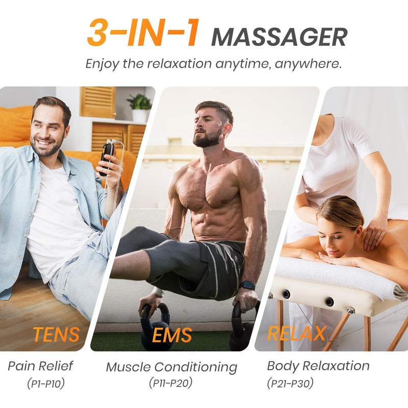 AVCOO 3-in-1 TENS Unit Muscle Stimulator with 30 Modes, 40 Intensities TENS Machine for Gradual Back Pain Relief Therapy, Rechargeable EMS Unit Massager with 12 TENS Electrode Pads, a Storage Bag Black