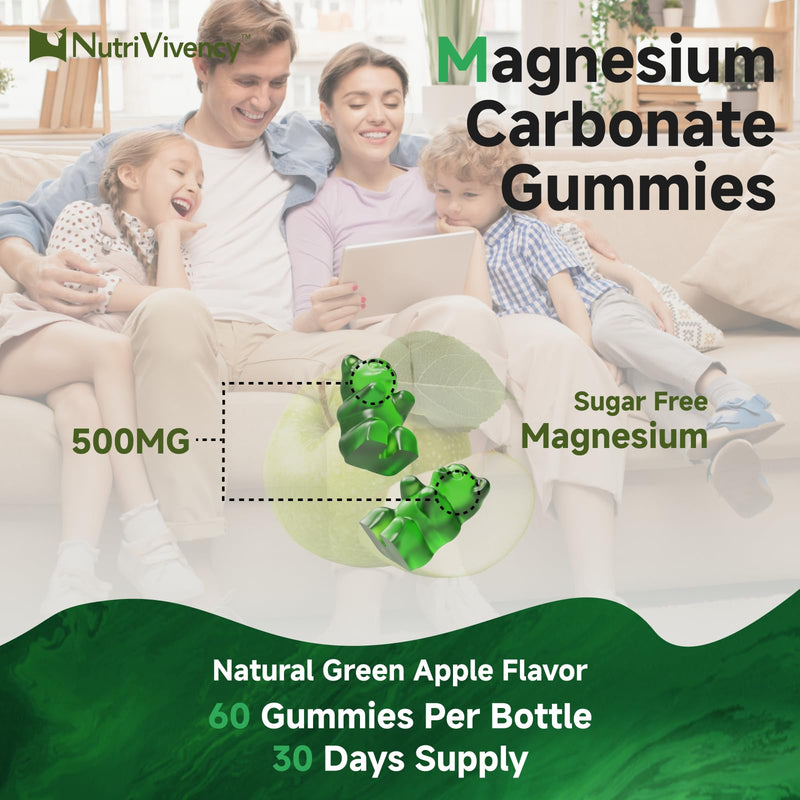 Magnesium Carbonate Gummies 500mg, Bone & Nerve, 30 Servings | With Calcium, Vit B6, D3, Zinc for Bone Health, Muscle Support. Sugar Free, Green Apple Flavor. Vegan, Non-GMO, Gluten-Free