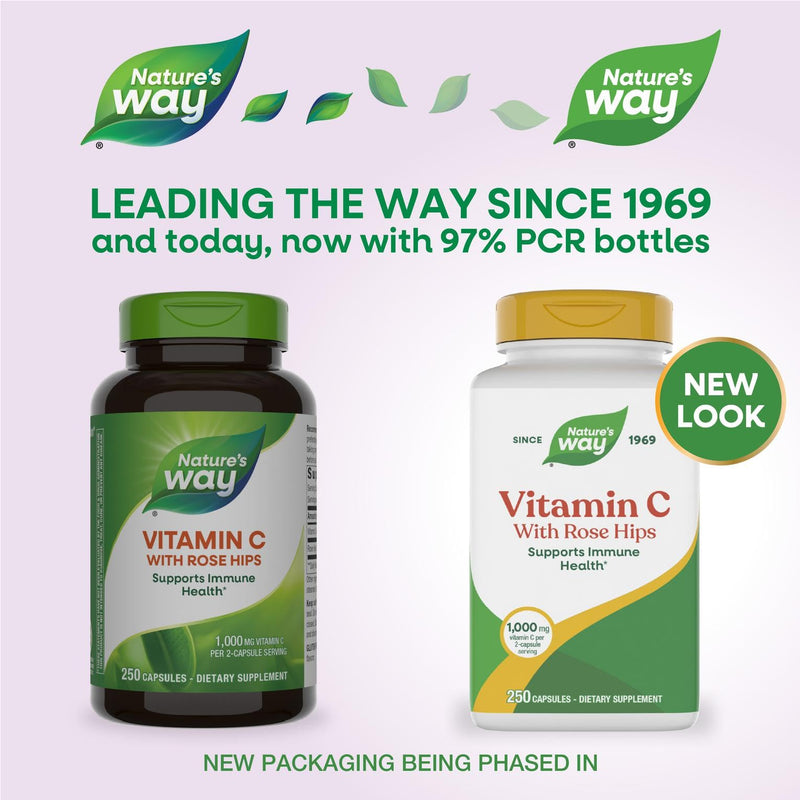 Nature's Way Vitamin C with Rose Hips, Immune Health*, 1,000 mg Vitamin C per Serving, 250 Capsules 250 Count (Pack of 1)