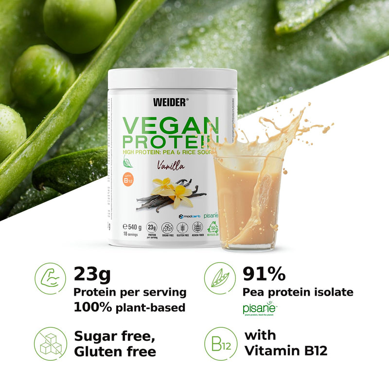 Weider Vegan Protein (540g) Vanilla Flavour. 23g Protein/dose, Pea Isolate (Pisane) & Rice Proteins. with Vitamin B12 & Stevia. Gluten Free, Sugar Free. Packaging 50% Recycled, 100% Recyclable