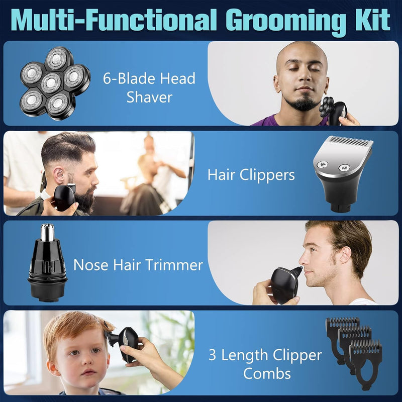 [Australia] - Head Shaver for Bald Men,6-in-1 Electric Shaver for Bald Head 6D Wet/Dry Waterproof Mens Electric Razor Head Shavers Mens Grooming Kit Cordless Rechargeable Face Head Shaving Rotary Shavers 