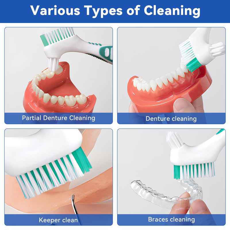 [Australia] - Pack of 4 Portable Denture Cleaning Brushes, with Multi-Layer Bristles and Ergonomic Rubber Handle, Portable Double-Sided Denture Brush for Denture Care (4 Colors) 