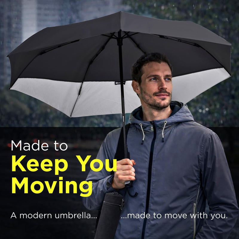 DROPTOP Umbrella Travel Size - Windproof Travel Umbrella Compact | Portable Umbrella with Case & Strap, 46" Full Coverage for Self & Gear, Collapses to 11.5", PFAS-Free, Fiberglass Ribs Black
